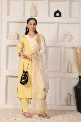 Elegant Yellow chanderi suit set with organza dupatta
