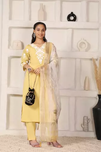 Elegant Yellow chanderi suit set with organza dupatta