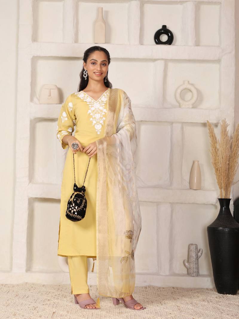 Elegant Yellow chanderi suit set with organza dupatta
