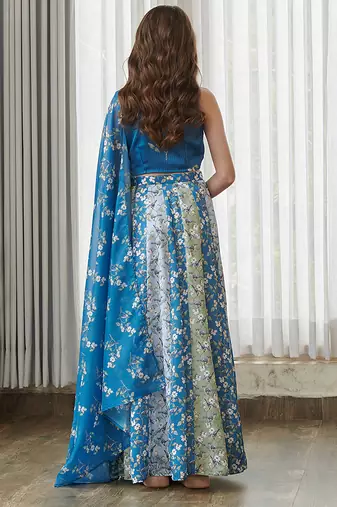 Blue printed satin lehenga