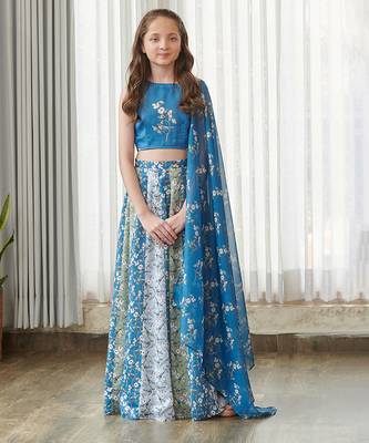 Blue printed satin lehenga 1