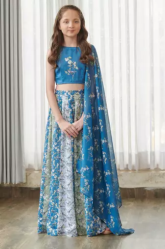 Blue printed satin lehenga