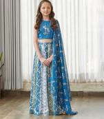 Blue printed satin lehenga