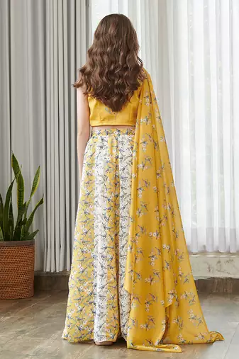 Yellow printed satin lehenga