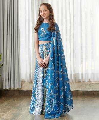 Blue printed satin lehenga 3