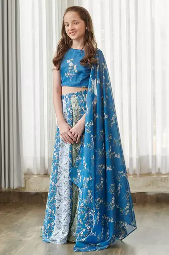 Blue printed satin lehenga