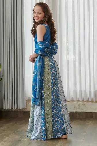 Blue printed satin lehenga