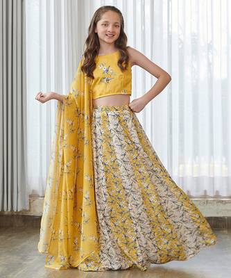 Yellow printed satin lehenga 1