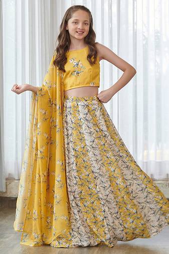 Yellow printed satin lehenga