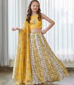 Yellow printed satin lehenga