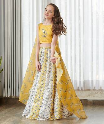 Yellow printed satin lehenga 3