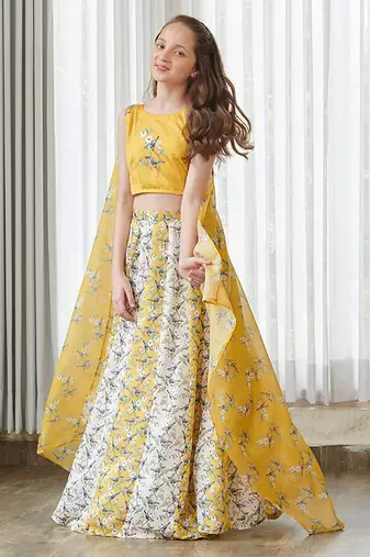 Yellow printed satin lehenga