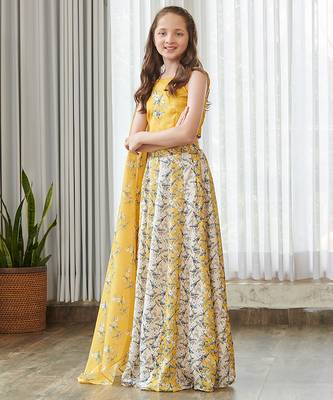 Yellow printed satin lehenga 4