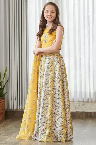 Yellow printed satin lehenga