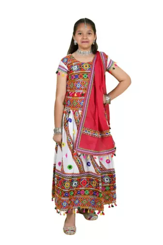 Kutchi emboidered white girls chaniya choli with dupatta (tcc-wave) - white