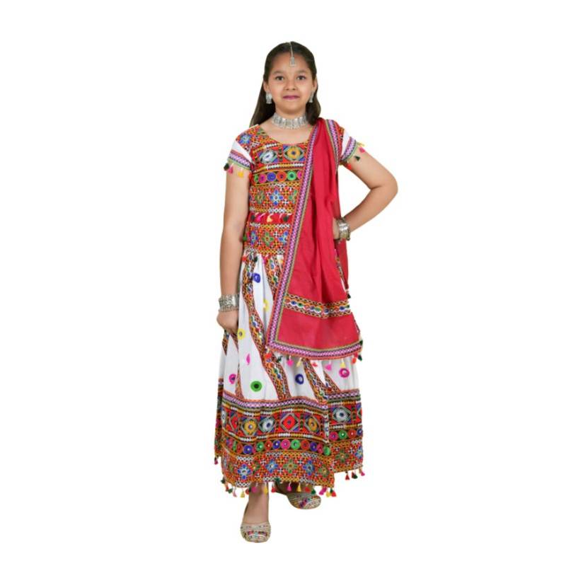 Kutchi emboidered white girls chaniya choli with dupatta (tcc-wave) - white