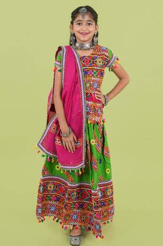 Kutchi emboidered green girls chaniya choli with dupatta (tcc-wave) - green