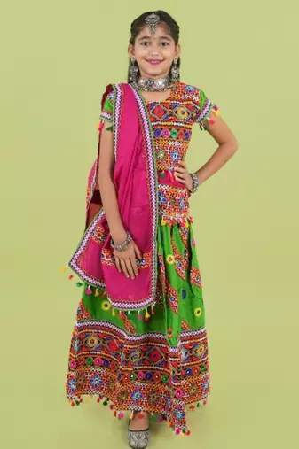 Kutchi emboidered green girls chaniya choli with dupatta (tcc-wave) - green