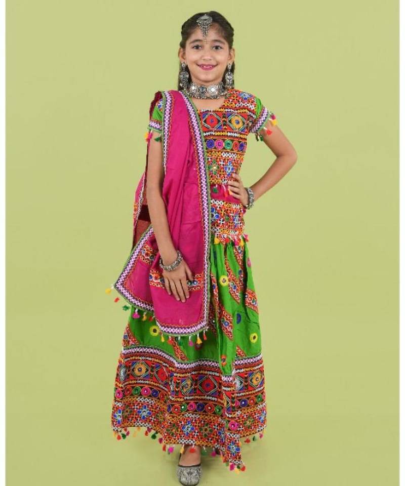 Kutchi emboidered green girls chaniya choli with dupatta (tcc-wave) - green