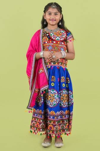 Kutchi emboidered blue girls chaniya choli with dupatta (tcc-ring) - blue