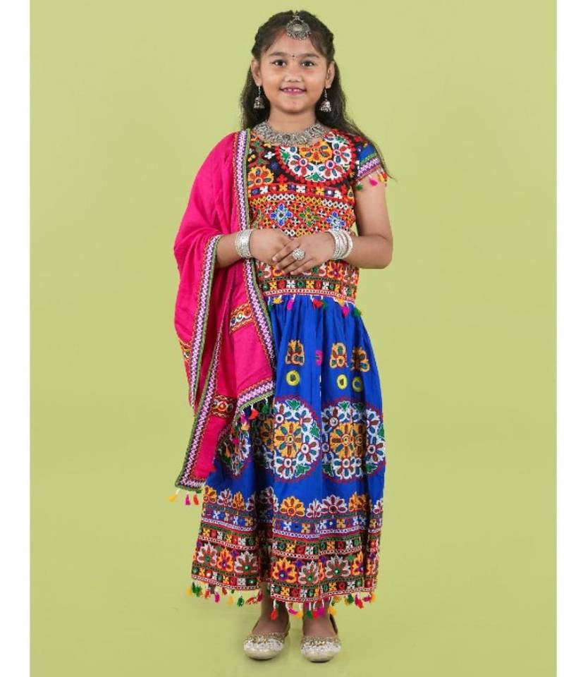 Kutchi emboidered blue girls chaniya choli with dupatta (tcc-ring) - blue