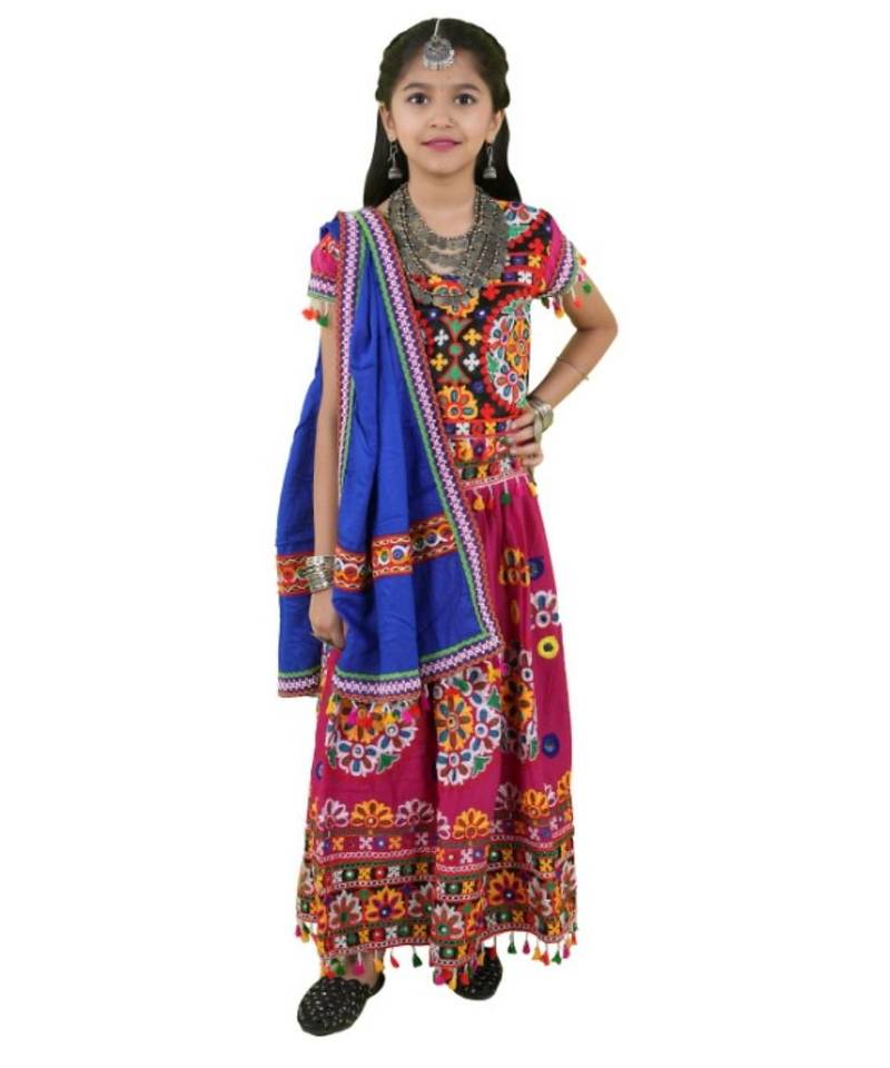 Kutchi emboidered pink girls chaniya choli with dupatta (tcc-ring) - pink