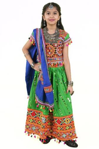 Kutchwork embroidered green girls festivewear lehenga choli set with dupatta (tcc-rsgl) - green