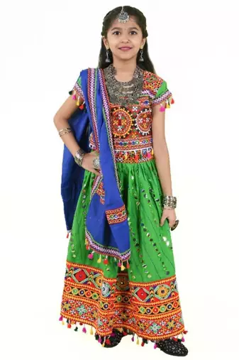 Kutchwork embroidered green girls festivewear lehenga choli set with dupatta (tcc-rsgl) - green