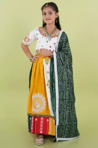 Kutchi embroidered black girls chaniya choli with dupatta (cc-fncy) - white