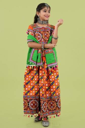 Girls kutch work embroidered lehenga choli set with dupatta (tcc-bwr) - orange