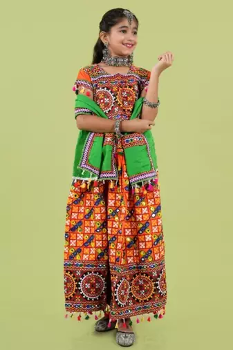 Girls kutch work embroidered lehenga choli set with dupatta (tcc-bwr) - orange