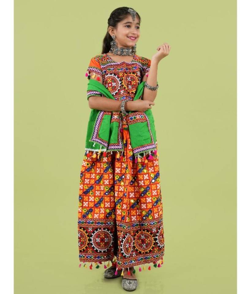 Girls kutch work embroidered lehenga choli set with dupatta (tcc-bwr) - orange