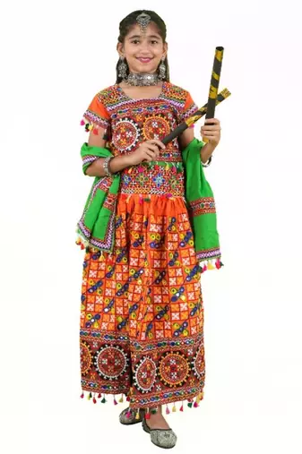 Girls kutch work embroidered lehenga choli set with dupatta (tcc-bwr) - orange