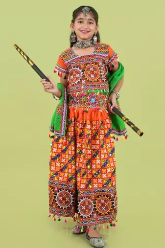 Girls kutch work embroidered lehenga choli set with dupatta (tcc-bwr) - orange