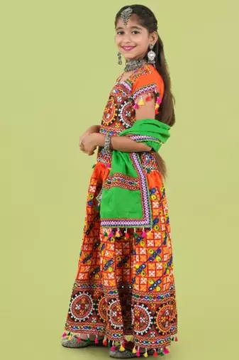 Girls kutch work embroidered lehenga choli set with dupatta (tcc-bwr) - orange