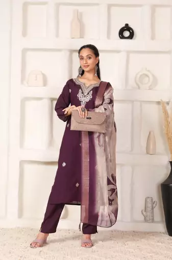 Elegant wine chanderi ensemble with jacquard dupatta