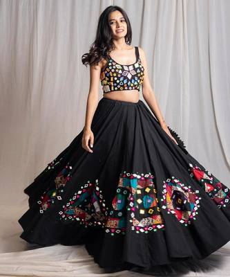 Black Cotton Navratri Chaniya Choli with Colourful Patchwork and Mirror Lace-Up Back 1