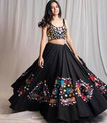 Black Cotton Navratri Chaniya Choli with Colourful Patchwork and Mirror Lace-Up Back