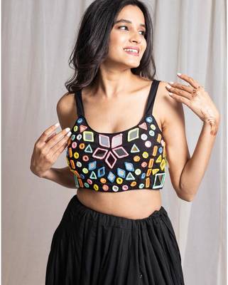 Black Cotton Navratri Chaniya Choli with Colourful Patchwork and Mirror Lace-Up Back 2