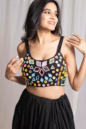 Black Cotton Navratri Chaniya Choli with Colourful Patchwork and Mirror Lace-Up Back