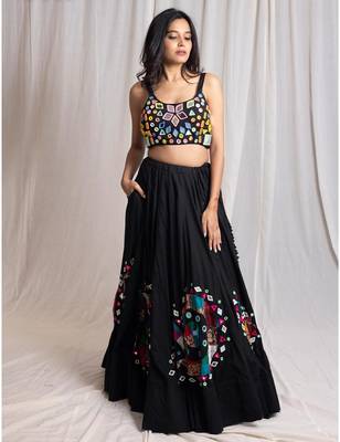 Black Cotton Navratri Chaniya Choli with Colourful Patchwork and Mirror Lace-Up Back 3
