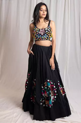 Black Cotton Navratri Chaniya Choli with Colourful Patchwork and Mirror Lace-Up Back