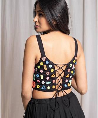 Black Cotton Navratri Chaniya Choli with Colourful Patchwork and Mirror Lace-Up Back 4