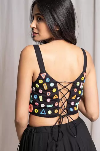 Black Cotton Navratri Chaniya Choli with Colourful Patchwork and Mirror Lace-Up Back