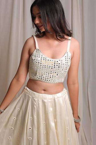 beige plain silk Lehenga with blouse