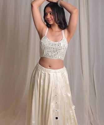 beige plain silk Lehenga with blouse 2