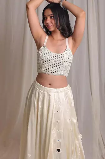 beige plain silk Lehenga with blouse