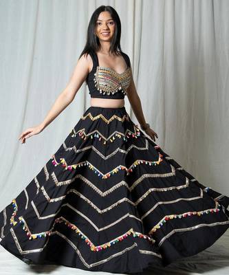 Black Cotton Chevron Navratri Lehenga Choli with Gota Lace with decorative border 1