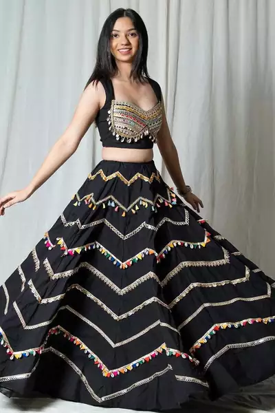 Black Cotton Chevron Navratri Lehenga Choli with Gota Lace with decorative border