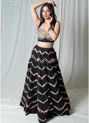 Black Cotton Chevron Navratri Lehenga Choli with Gota Lace with decorative border 2